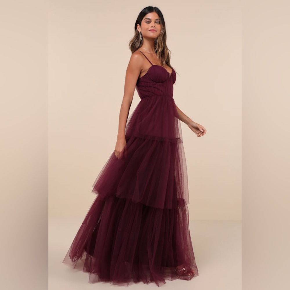 Lulus Unforgettable Poise Tulle‎ Bustier Tiered Maxi Dress, Plum Purple, XS, NWT - Picture 5 of 15